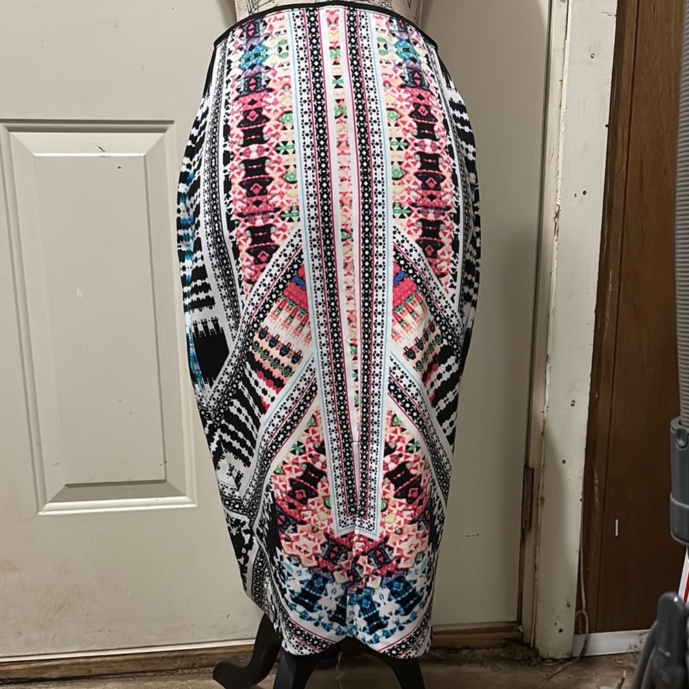 Bisou Bisou Pink, Black & Multicolor Asymmetrical Midi Skirt